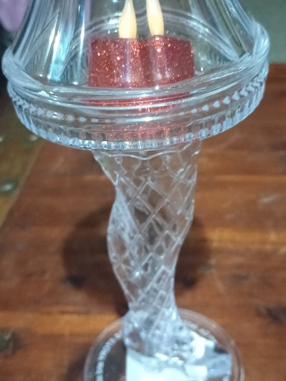 Glass Like Twist Stem Candle Holder with Red Glitter Candle